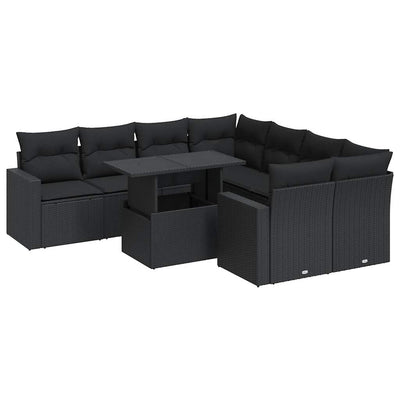 9 Piece Garden Sofa Set with Cushions Black Poly Rattan