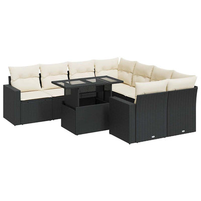 9 Piece Garden Sofa Set with Cushions Black Poly Rattan