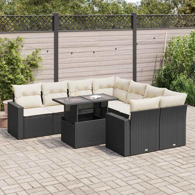 9 Piece Garden Sofa Set with Cushions Black Poly Rattan