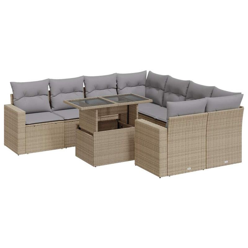 9 Piece Garden Sofa Set with Cushions Beige Poly Rattan