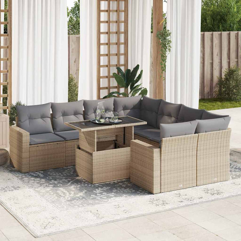 9 Piece Garden Sofa Set with Cushions Beige Poly Rattan