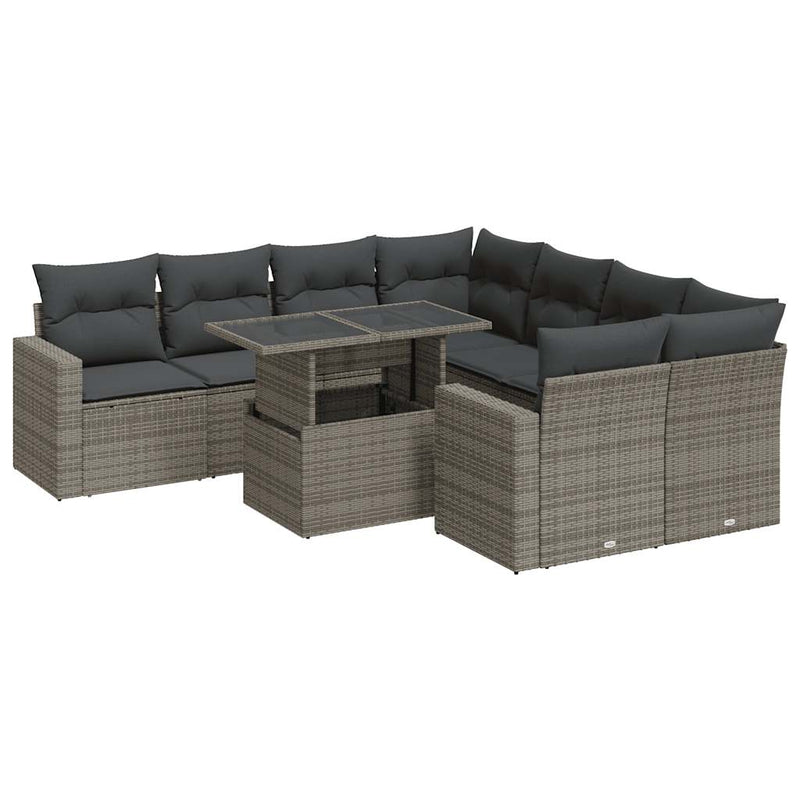 9 Piece Garden Sofa Set with Cushions Grey Poly Rattan