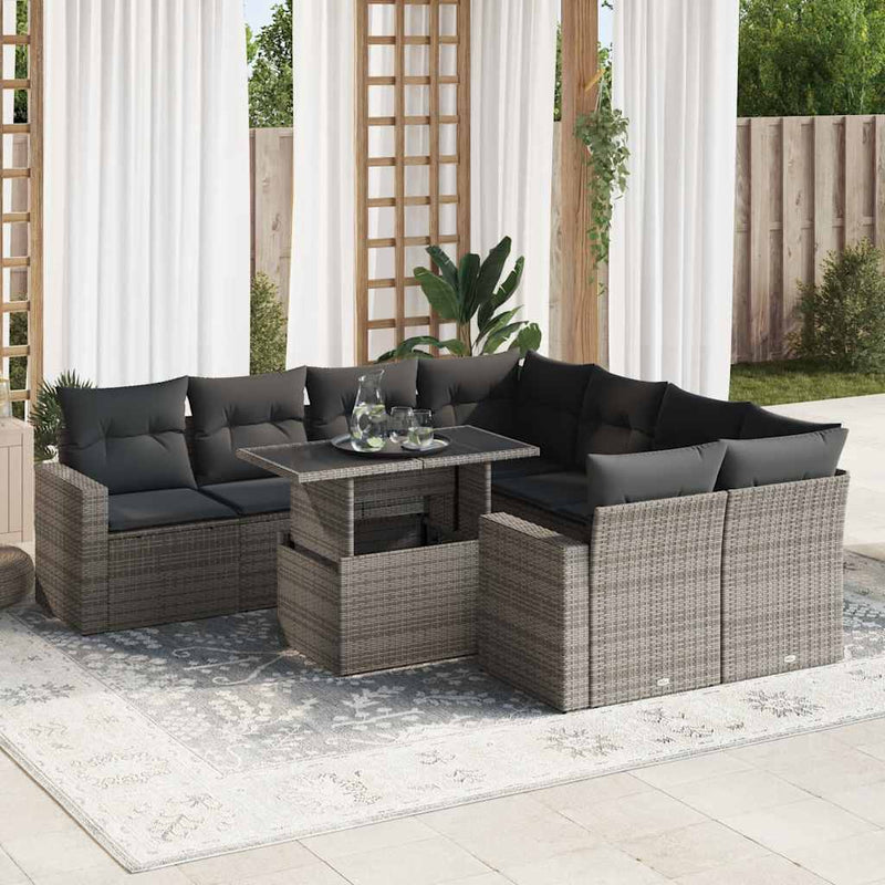 9 Piece Garden Sofa Set with Cushions Grey Poly Rattan