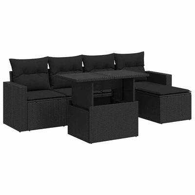 6 Piece Garden Sofa Set with Cushions Black Poly Rattan