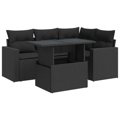 5 Piece Garden Sofa Set with Cushions Black Poly Rattan