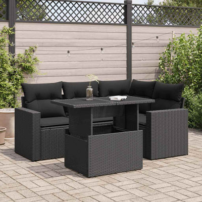 5 Piece Garden Sofa Set with Cushions Black Poly Rattan