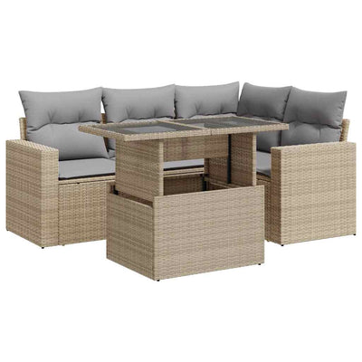 5 Piece Garden Sofa Set with Cushions Beige Poly Rattan