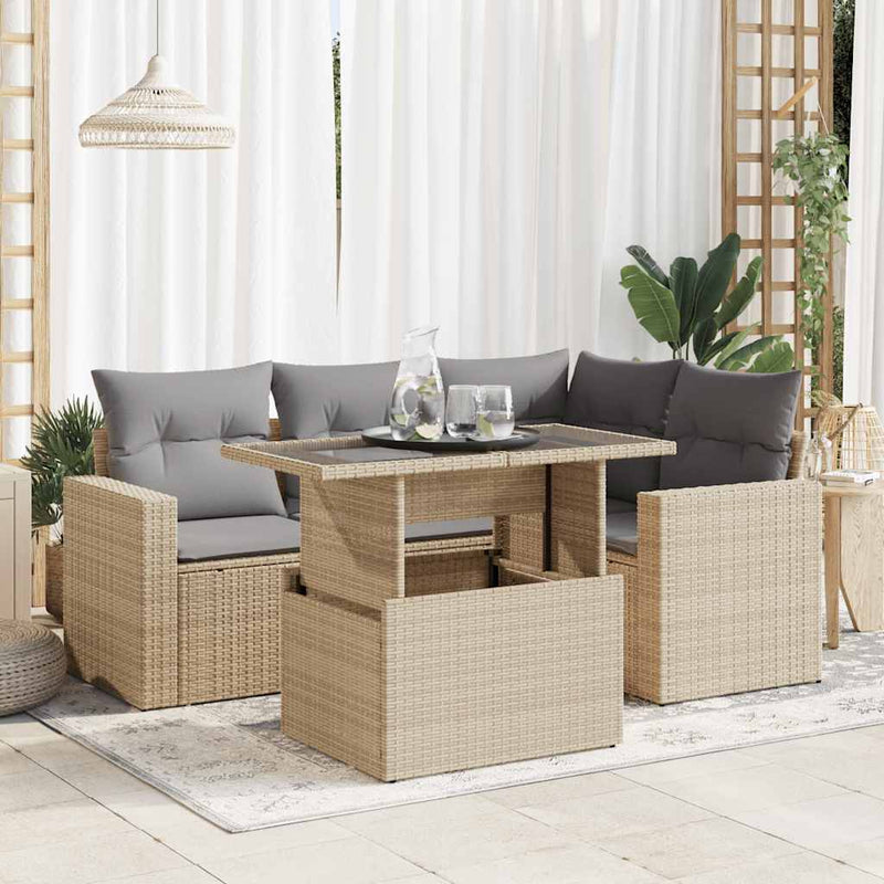 5 Piece Garden Sofa Set with Cushions Beige Poly Rattan