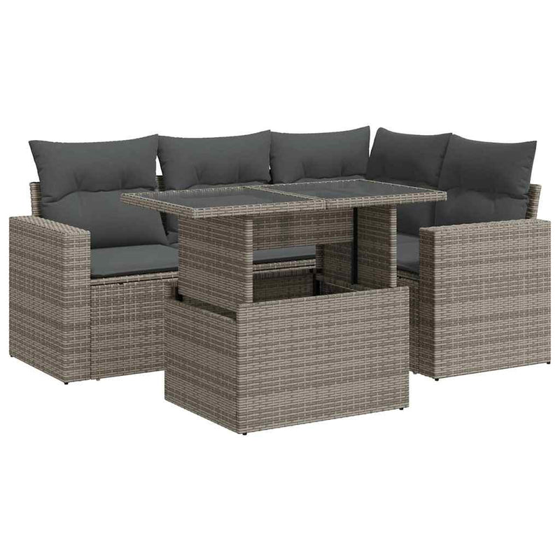 5 Piece Garden Sofa Set with Cushions Grey Poly Rattan