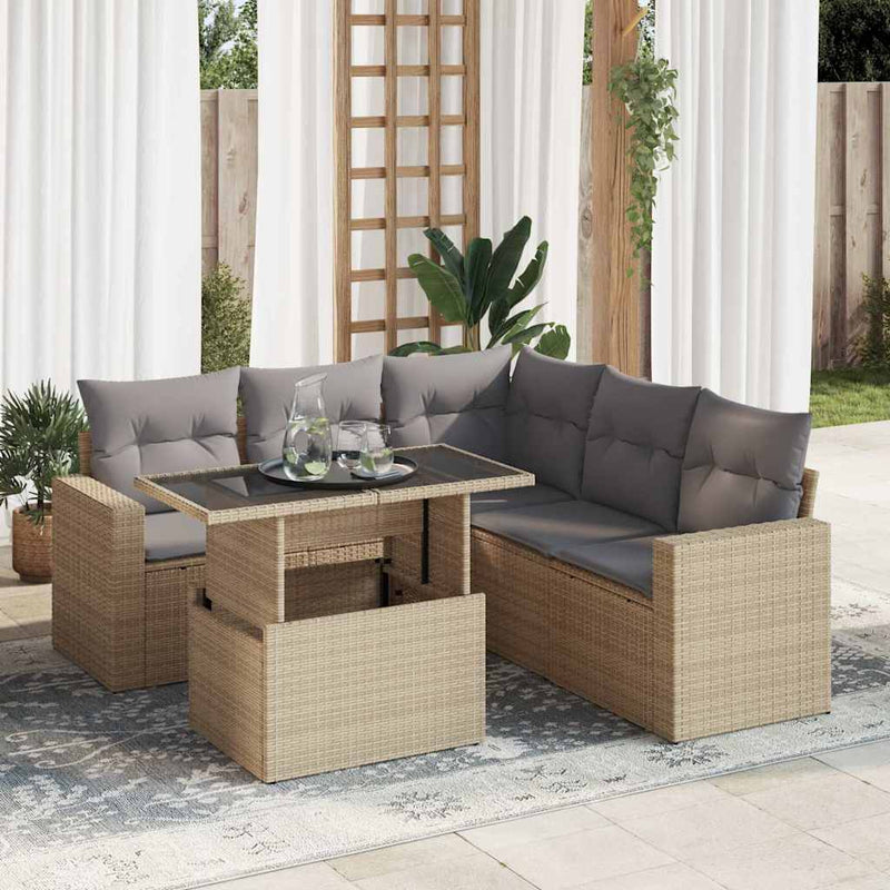 6 Piece Garden Sofa Set with Cushions Beige Poly Rattan