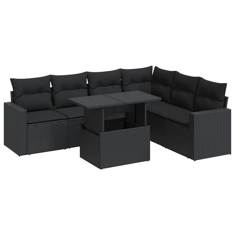 7 Piece Garden Sofa Set with Cushions Black Poly Rattan