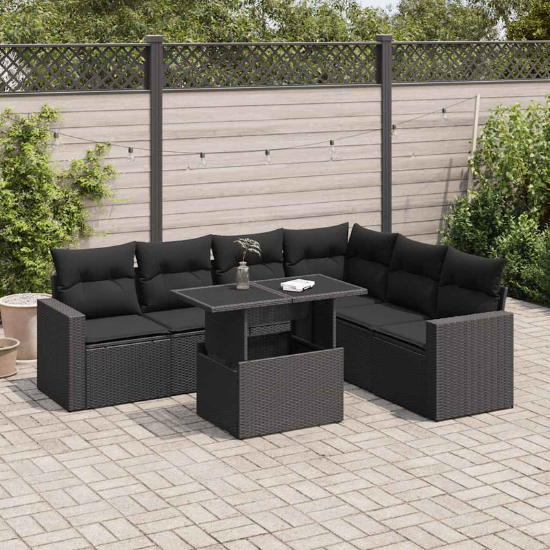 7 Piece Garden Sofa Set with Cushions Black Poly Rattan