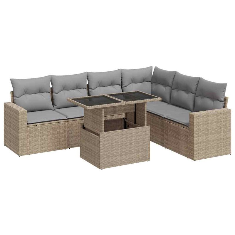 7 Piece Garden Sofa Set with Cushions Beige Poly Rattan