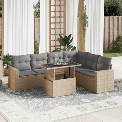 7 Piece Garden Sofa Set with Cushions Beige Poly Rattan