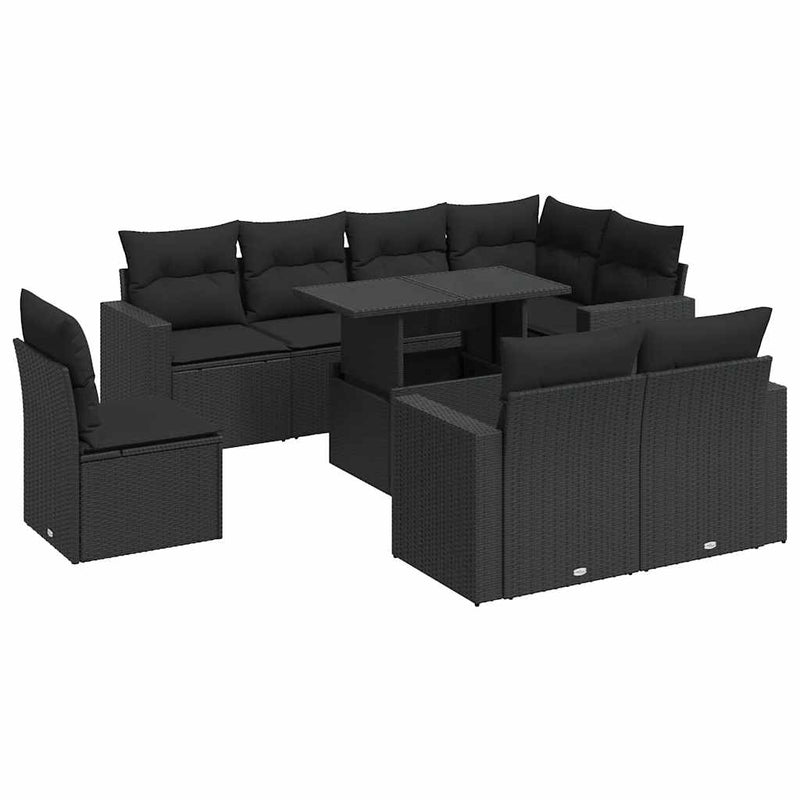 9 Piece Garden Sofa Set with Cushions Black Poly Rattan