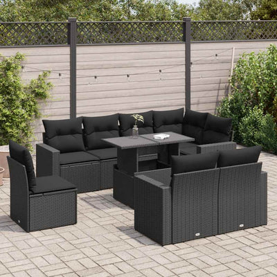 9 Piece Garden Sofa Set with Cushions Black Poly Rattan