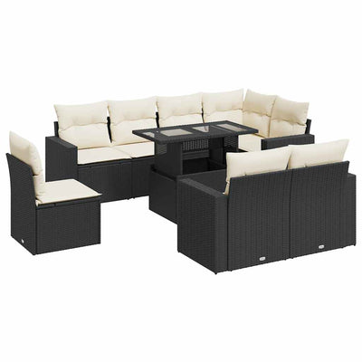 9 Piece Garden Sofa Set with Cushions Black Poly Rattan