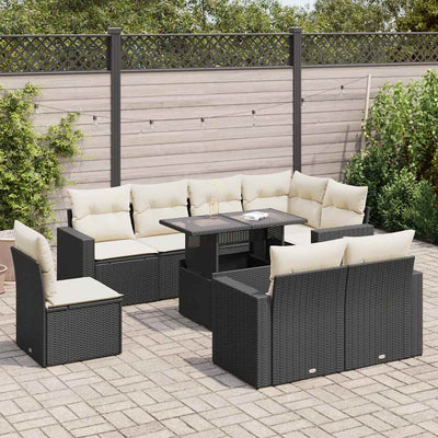 9 Piece Garden Sofa Set with Cushions Black Poly Rattan