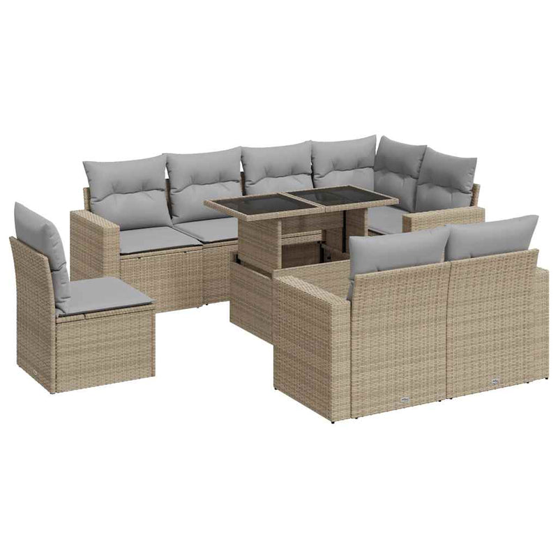 9 Piece Garden Sofa Set with Cushions Beige Poly Rattan