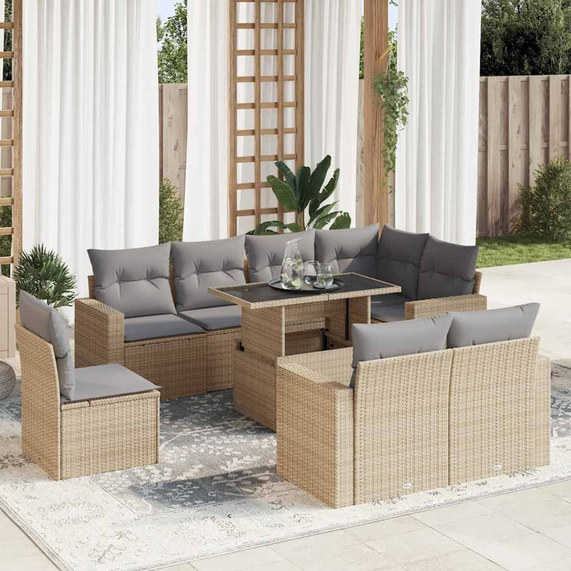 9 Piece Garden Sofa Set with Cushions Beige Poly Rattan