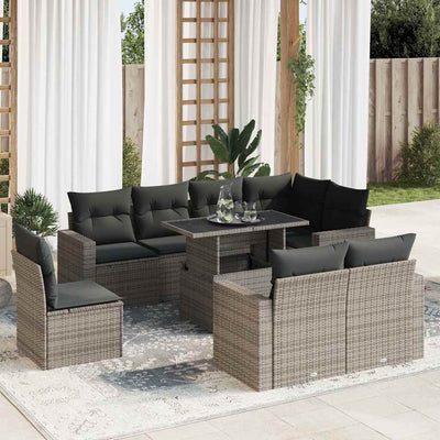 9 Piece Garden Sofa Set with Cushions Grey Poly Rattan