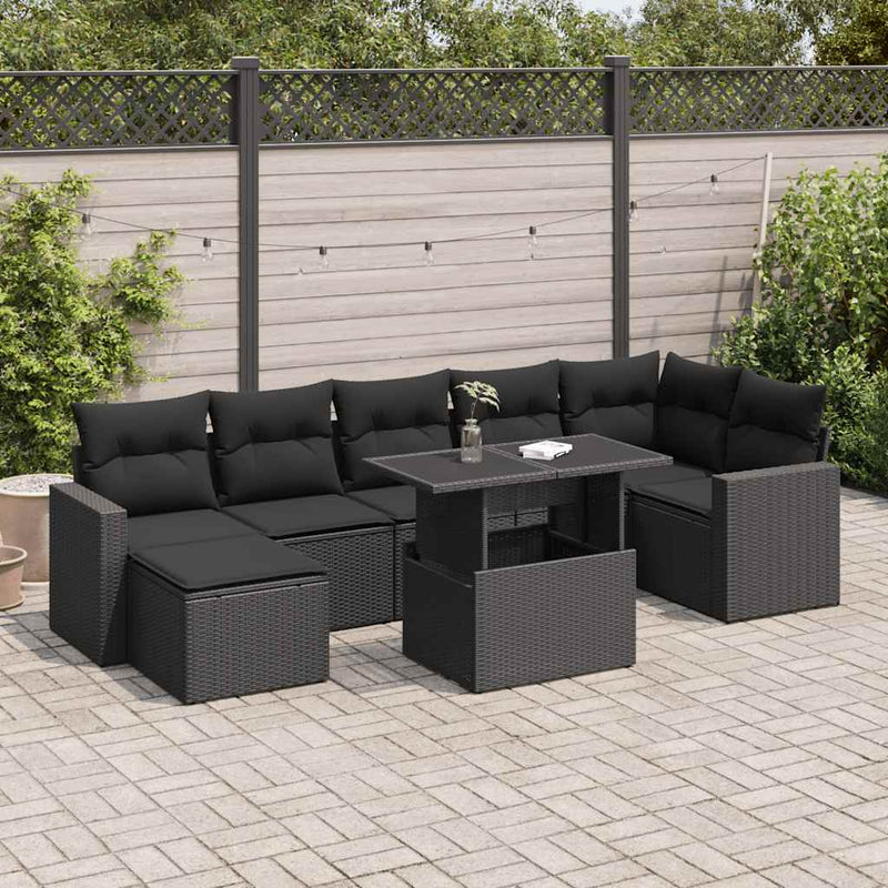 8 Piece Garden Sofa Set with Cushions Black Poly Rattan