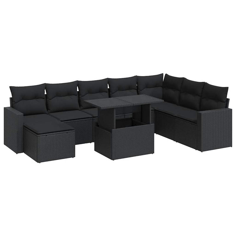 9 Piece Garden Sofa Set with Cushions Black Poly Rattan