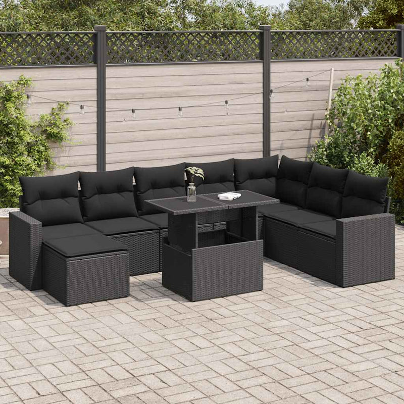 9 Piece Garden Sofa Set with Cushions Black Poly Rattan