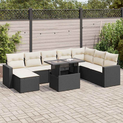 9 Piece Garden Sofa Set with Cushions Black Poly Rattan