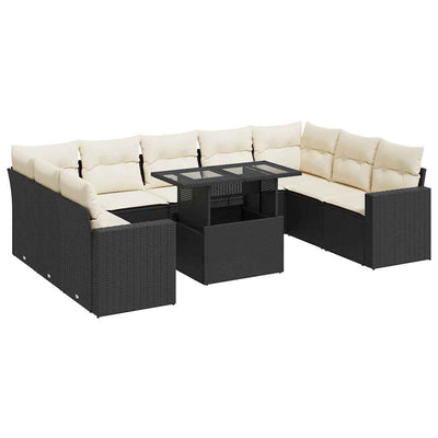 10 Piece Garden Sofa Set with Cushions Black Poly Rattan