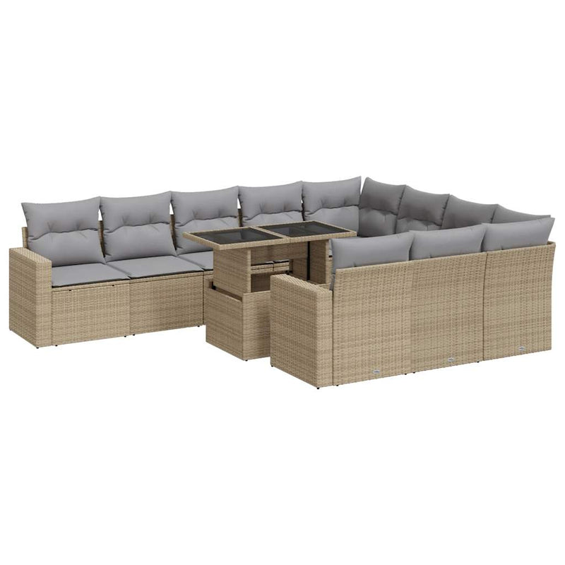 11 Piece Garden Sofa Set with Cushions Beige Poly Rattan