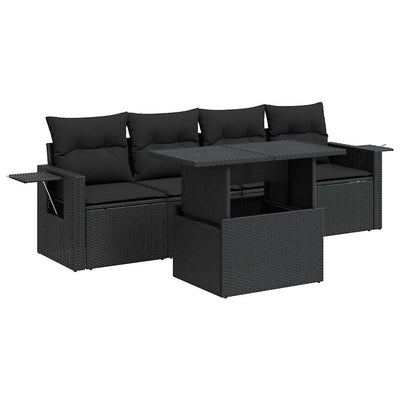 5 Piece Garden Sofa Set with Cushions Black Poly Rattan