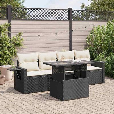 5 Piece Garden Sofa Set with Cushions Black Poly Rattan