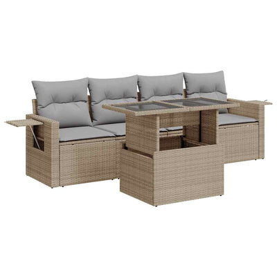 5 Piece Garden Sofa Set with Cushions Beige Poly Rattan