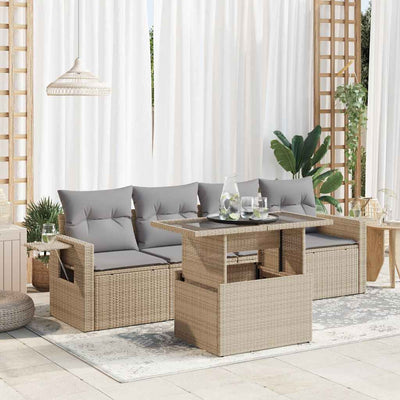 5 Piece Garden Sofa Set with Cushions Beige Poly Rattan