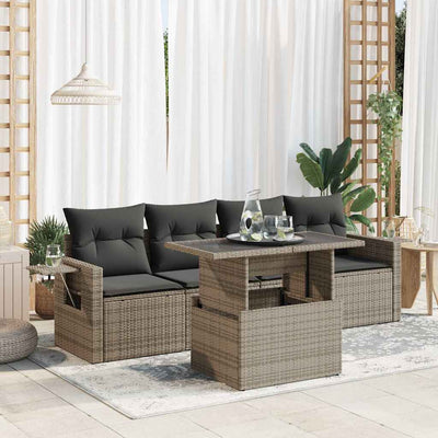 5 Piece Garden Sofa Set with Cushions Grey Poly Rattan