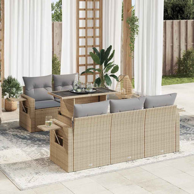 6 Piece Garden Sofa Set with Cushions Beige Poly Rattan