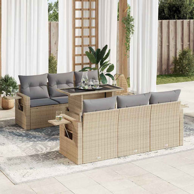 7 Piece Garden Sofa Set with Cushions Beige Poly Rattan