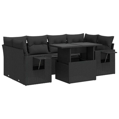 7 Piece Garden Sofa Set with Cushions Black Poly Rattan