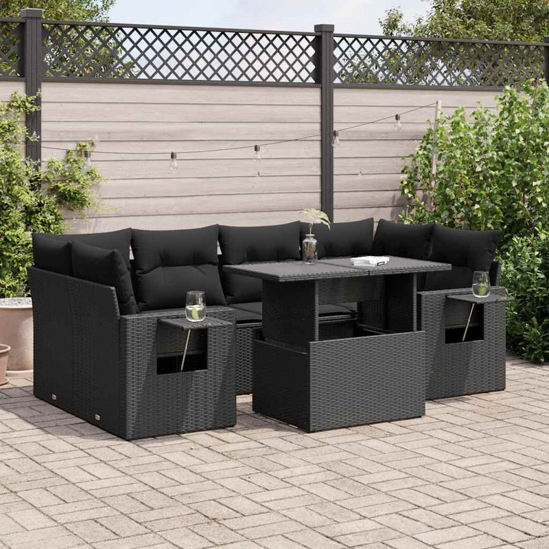 7 Piece Garden Sofa Set with Cushions Black Poly Rattan