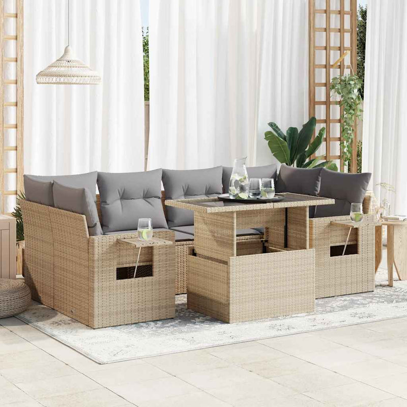 7 Piece Garden Sofa Set with Cushions Beige Poly Rattan