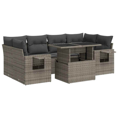 7 Piece Garden Sofa Set with Cushions Grey Poly Rattan