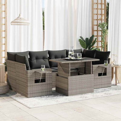 7 Piece Garden Sofa Set with Cushions Grey Poly Rattan