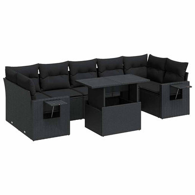 8 Piece Garden Sofa Set with Cushions Black Poly Rattan