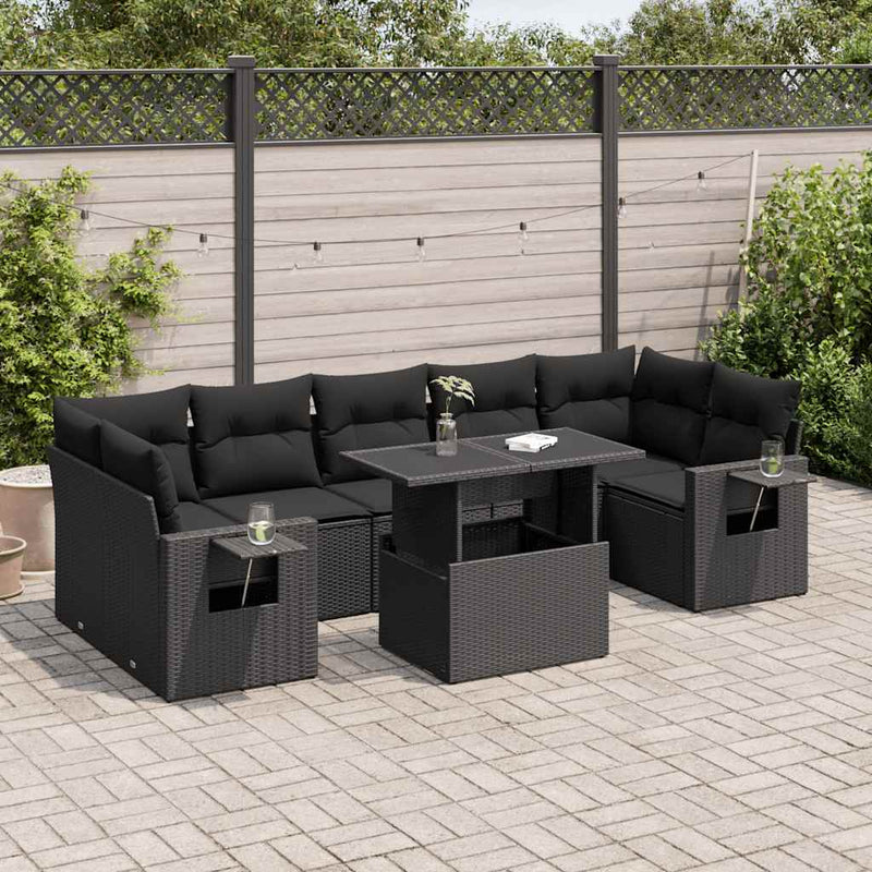 8 Piece Garden Sofa Set with Cushions Black Poly Rattan