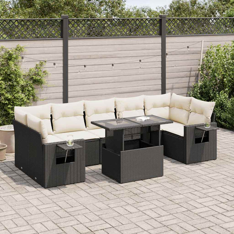 8 Piece Garden Sofa Set with Cushions Black Poly Rattan