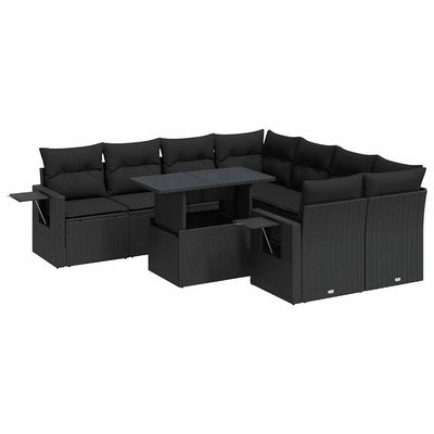 9 Piece Garden Sofa Set with Cushions Black Poly Rattan