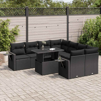 9 Piece Garden Sofa Set with Cushions Black Poly Rattan