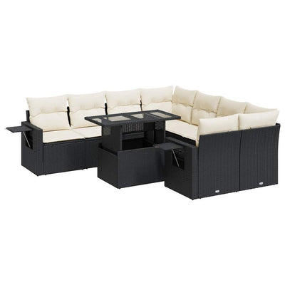 9 Piece Garden Sofa Set with Cushions Black Poly Rattan