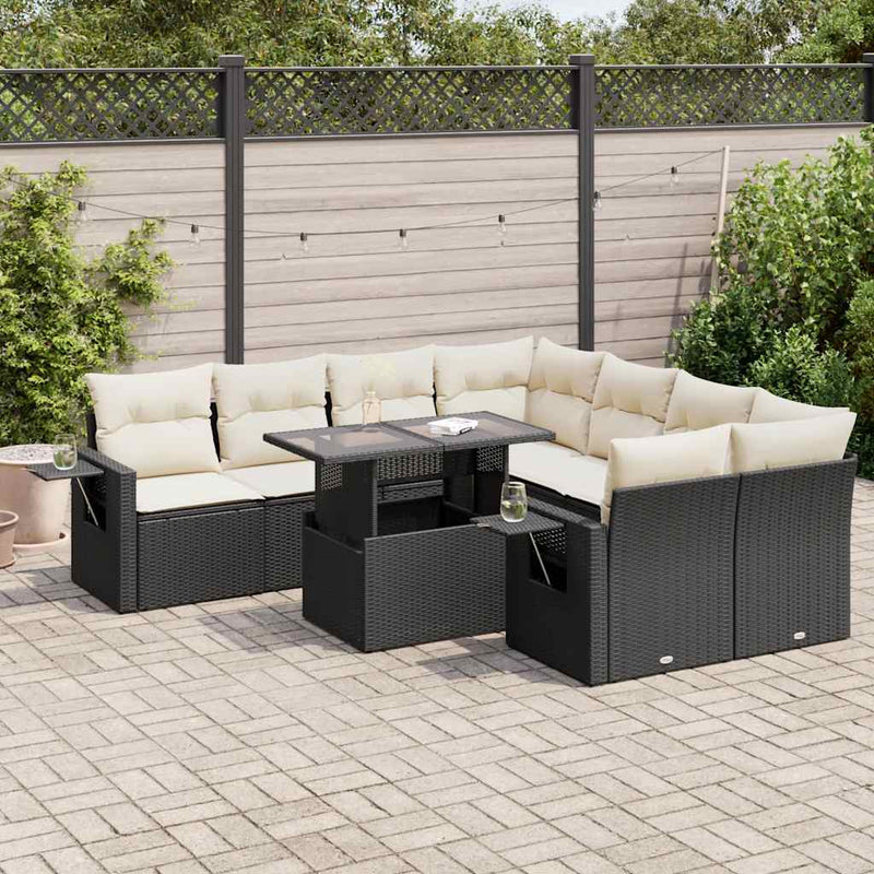 9 Piece Garden Sofa Set with Cushions Black Poly Rattan